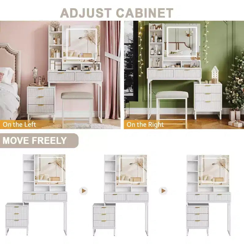 Coiffeuse blanche avec miroir et lumières réglables 3 modes, table de maquillage 5 tiroirs avec meuble de rangement latéral amovible, tabouret pour chambre à coucher