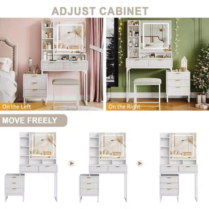Coiffeuse blanche avec miroir et lumières réglables 3 modes, table de maquillage 5 tiroirs avec meuble de rangement latéral amovible, tabouret pour chambre à coucher