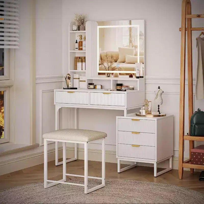 Coiffeuse blanche avec miroir et lumières réglables 3 modes, table de maquillage 5 tiroirs avec meuble de rangement latéral amovible, tabouret pour chambre à coucher