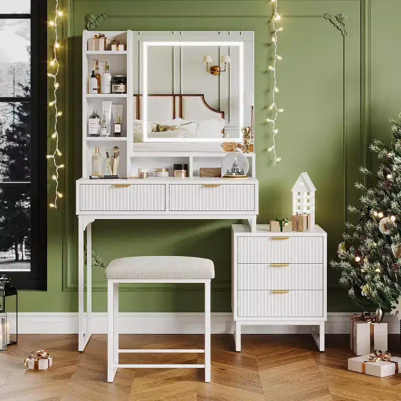 Coiffeuse blanche avec miroir et lumières réglables 3 modes, table de maquillage 5 tiroirs avec meuble de rangement latéral amovible, tabouret pour chambre à coucher