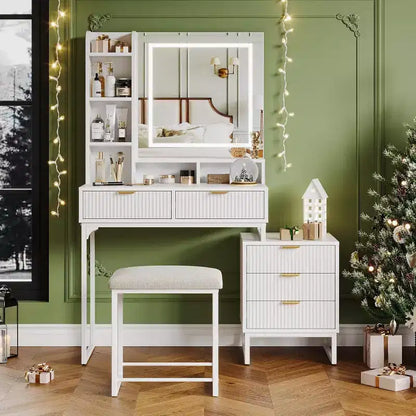 Coiffeuse blanche avec miroir et lumières réglables 3 modes, table de maquillage 5 tiroirs avec meuble de rangement latéral amovible, tabouret pour chambre à coucher