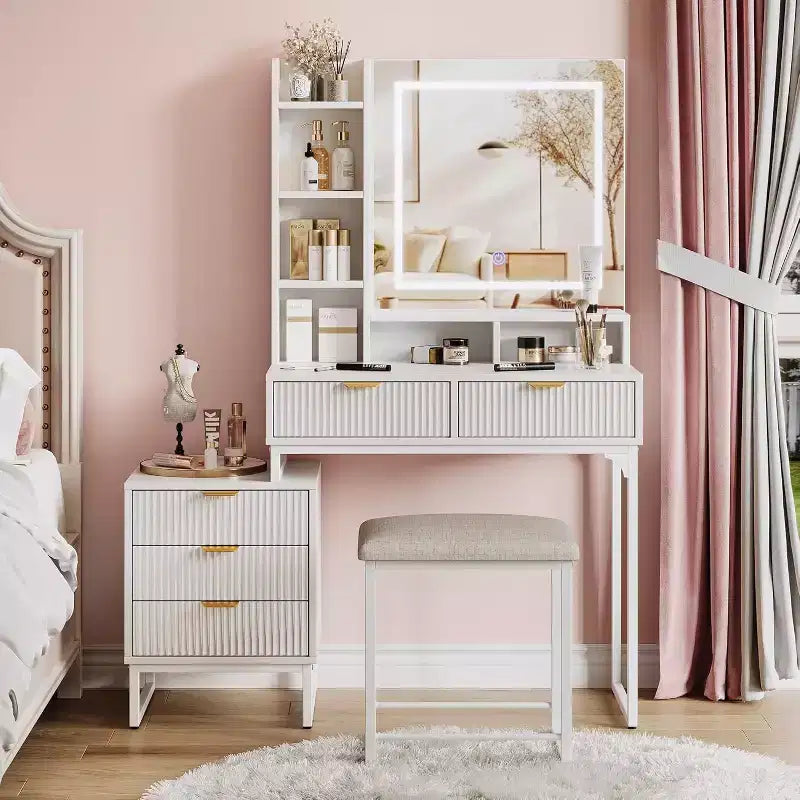 Coiffeuse blanche avec miroir et lumières réglables 3 modes, table de maquillage 5 tiroirs avec meuble de rangement latéral amovible, tabouret pour chambre à coucher