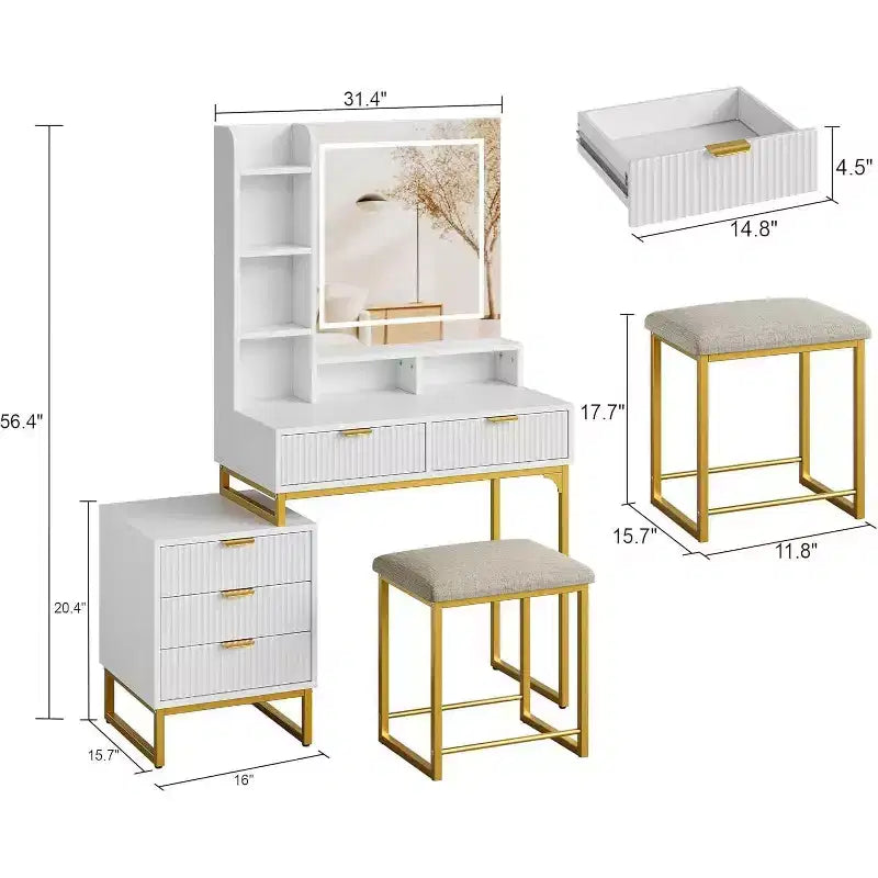 Coiffeuse blanche avec miroir et lumières réglables 3 modes, table de maquillage 5 tiroirs avec meuble de rangement latéral amovible, tabouret pour chambre à coucher