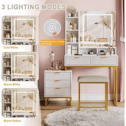 Coiffeuse blanche avec miroir et lumières réglables 3 modes, table de maquillage 5 tiroirs avec meuble de rangement latéral amovible, tabouret pour chambre à coucher