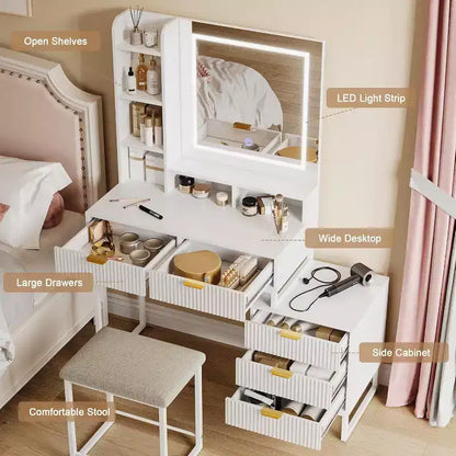 Coiffeuse blanche avec miroir et lumières réglables 3 modes, table de maquillage 5 tiroirs avec meuble de rangement latéral amovible, tabouret pour chambre à coucher
