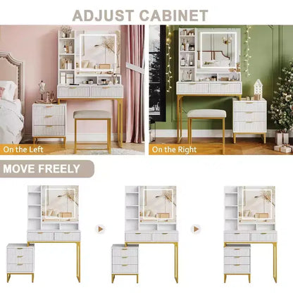 Coiffeuse blanche avec miroir et lumières réglables 3 modes, table de maquillage 5 tiroirs avec meuble de rangement latéral amovible, tabouret pour chambre à coucher