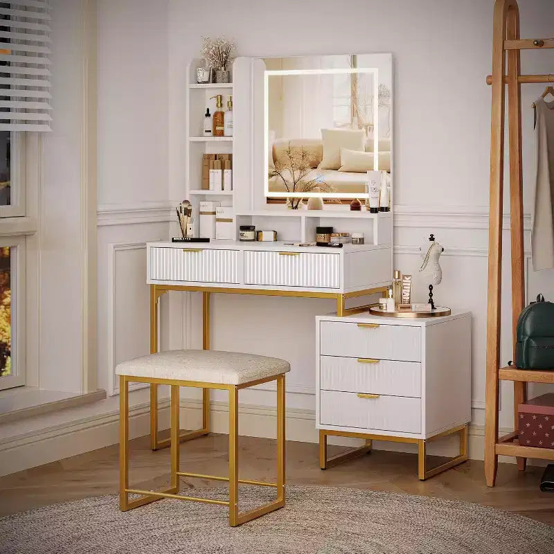Coiffeuse blanche avec miroir et lumières réglables 3 modes, table de maquillage 5 tiroirs avec meuble de rangement latéral amovible, tabouret pour chambre à coucher