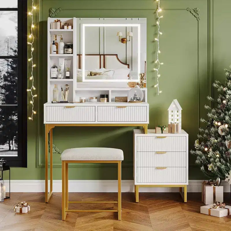 Coiffeuse blanche avec miroir et lumières réglables 3 modes, table de maquillage 5 tiroirs avec meuble de rangement latéral amovible, tabouret pour chambre à coucher