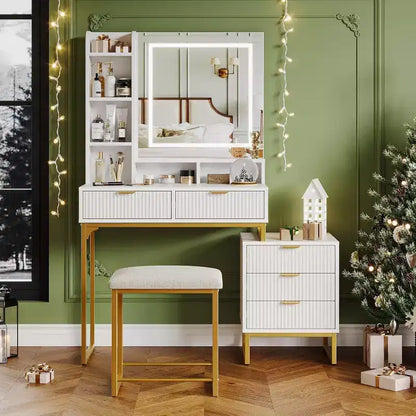 Coiffeuse blanche avec miroir et lumières réglables 3 modes, table de maquillage 5 tiroirs avec meuble de rangement latéral amovible, tabouret pour chambre à coucher