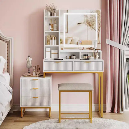Coiffeuse blanche avec miroir et lumières réglables 3 modes, table de maquillage 5 tiroirs avec meuble de rangement latéral amovible, tabouret pour chambre à coucher