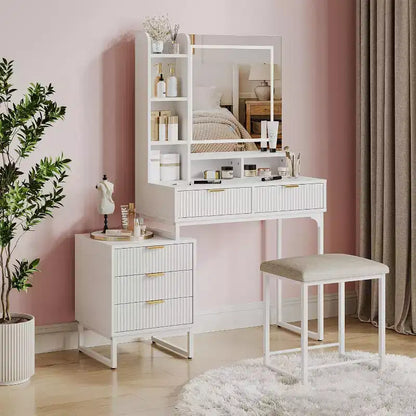 Coiffeuse blanche avec miroir et lumières réglables 3 modes, table de maquillage 5 tiroirs avec meuble de rangement latéral amovible, tabouret pour chambre à coucher