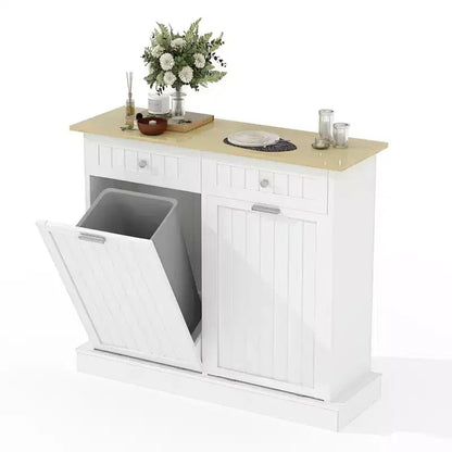 Tilt-out trash cabinet, double-door wooden recycling bin with drawers, freestanding pet-proof trash can, suitable for kitchens and living rooms.