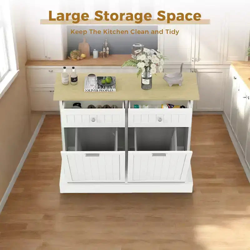 Meuble poubelle basculant, poubelle de recyclage en bois à double porte avec tiroirs, poubelle autoportante anti-animaux, adaptée aux cuisines et aux salons.