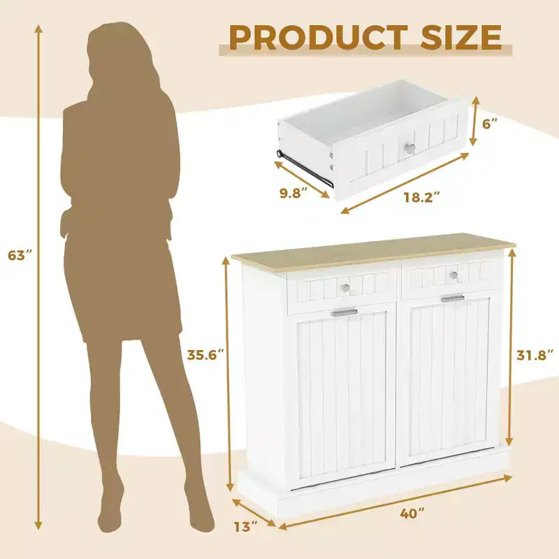 Meuble poubelle basculant, poubelle de recyclage en bois à double porte avec tiroirs, poubelle autoportante anti-animaux, adaptée aux cuisines et aux salons.