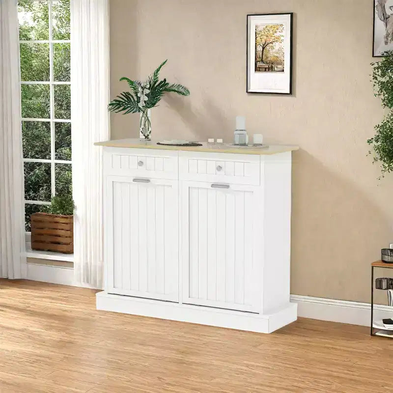 Meuble poubelle basculant, poubelle de recyclage en bois à double porte avec tiroirs, poubelle autoportante anti-animaux, adaptée aux cuisines et aux salons.