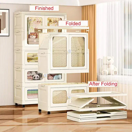 Armoire de rangement en plastique extra-large avec couvercle et porte transparente, adaptée aux chambres, salons, bureaux et garages.