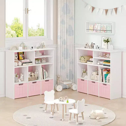Kids Storage Organizer Cabinet, Kids Bookcase with 3 Movable Drawers, Kids Storage Chest for Playroom Nursery Bedroom, Pink