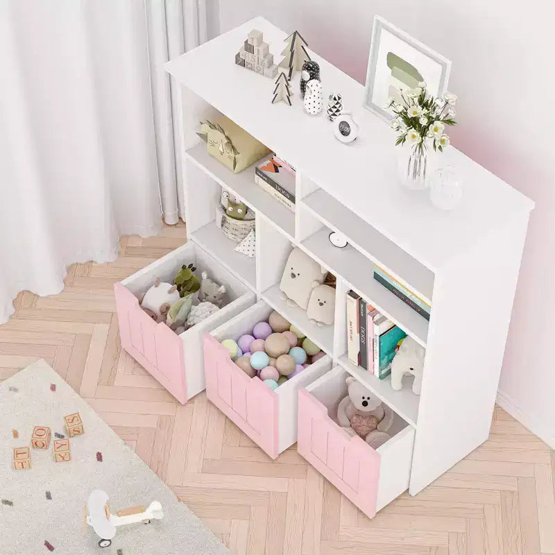Meuble de rangement pour enfants, Bibliothèque pour enfants avec 3 tiroirs amovibles, Coffre de rangement pour enfants pour salle de jeux, chambre d'enfant, chambre à coucher, rose