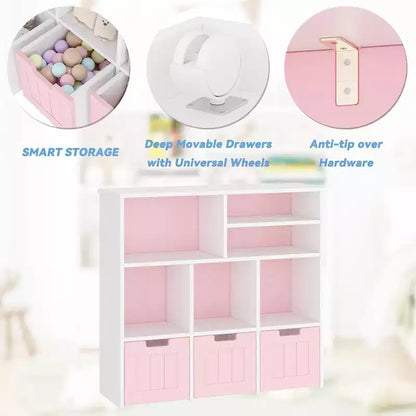 Meuble de rangement pour enfants, Bibliothèque pour enfants avec 3 tiroirs amovibles, Coffre de rangement pour enfants pour salle de jeux, chambre d'enfant, chambre à coucher, rose