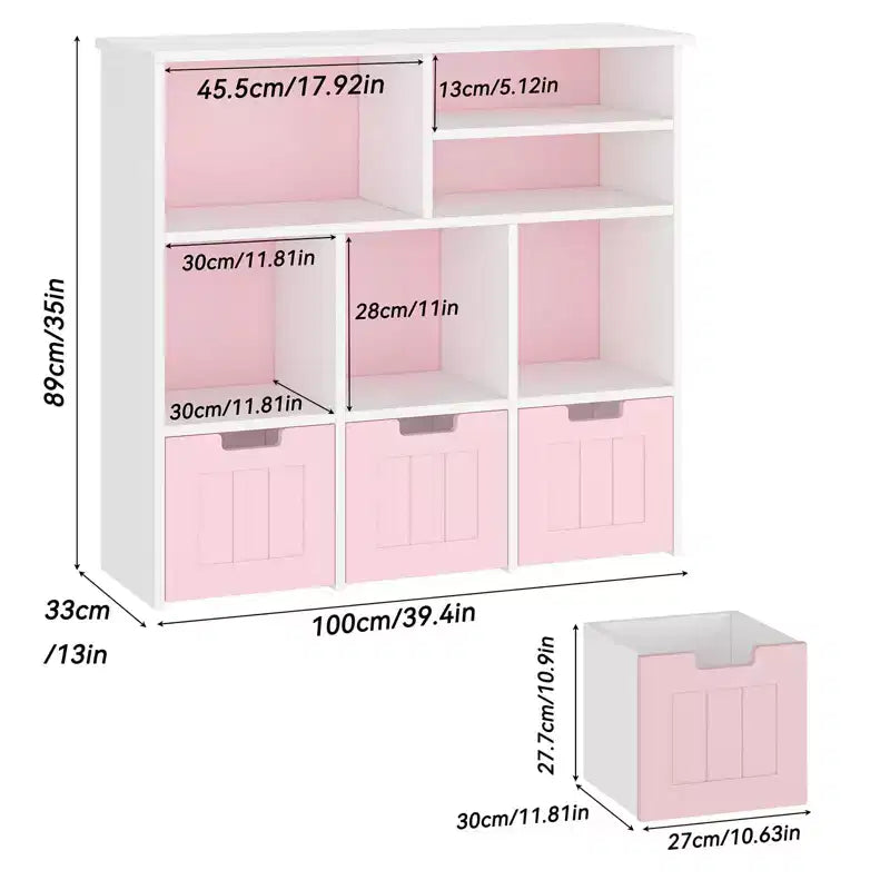Meuble de rangement pour enfants, Bibliothèque pour enfants avec 3 tiroirs amovibles, Coffre de rangement pour enfants pour salle de jeux, chambre d'enfant, chambre à coucher, rose