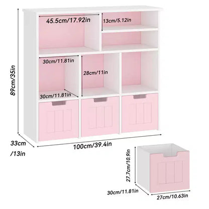 Meuble de rangement pour enfants, Bibliothèque pour enfants avec 3 tiroirs amovibles, Coffre de rangement pour enfants pour salle de jeux, chambre d'enfant, chambre à coucher, rose