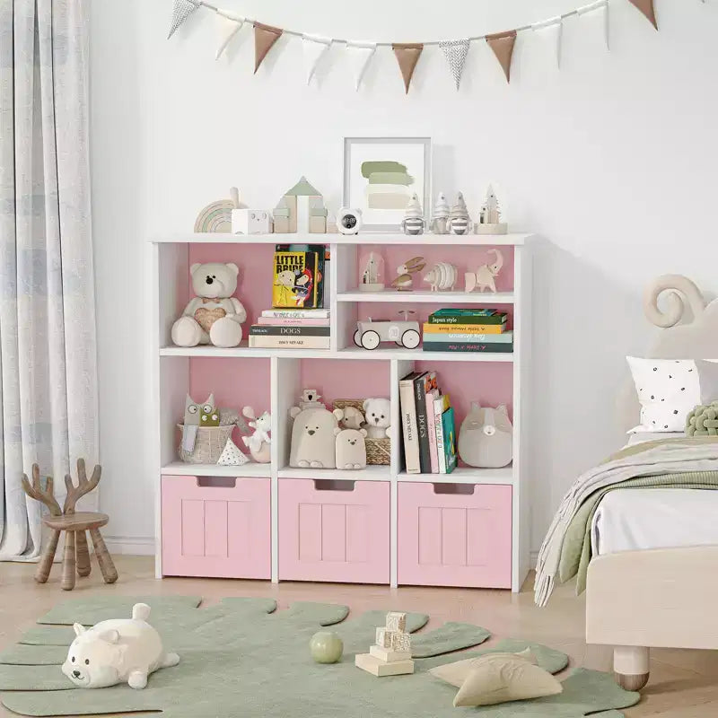 Meuble de rangement pour enfants, Bibliothèque pour enfants avec 3 tiroirs amovibles, Coffre de rangement pour enfants pour salle de jeux, chambre d'enfant, chambre à coucher, rose