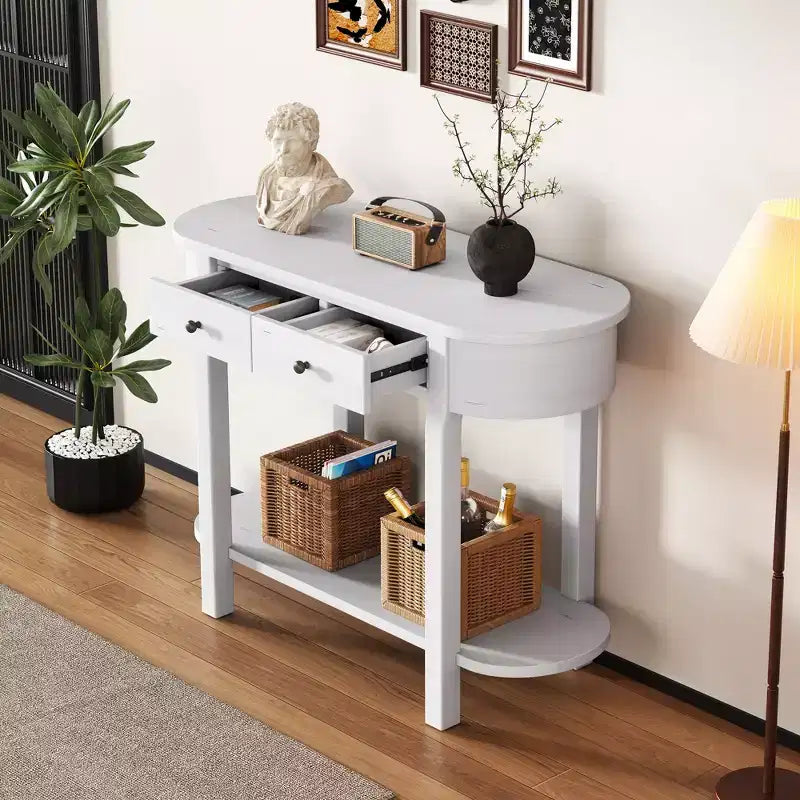 Console étroite vintage avec rangement, Table d'entrée en bois avec étagère ouverte pour entrées et salons