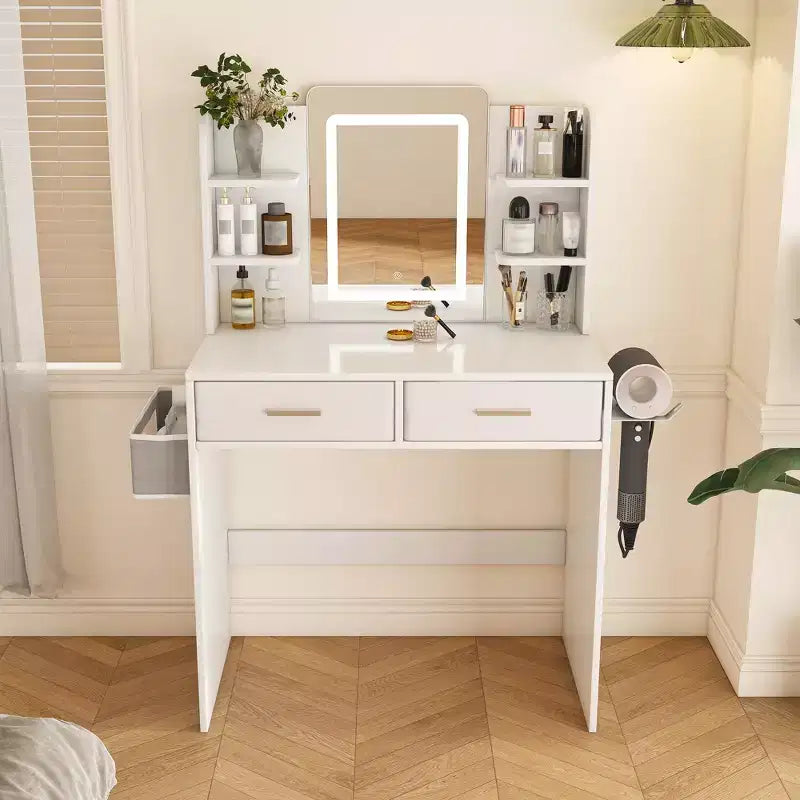 LED Mirror Vanity Dressing Table with Lights for Women & Girls - 3-Color Adjustable Light Strips, 2 Large Drawers, Hair Dryer Stand & Storage Bag