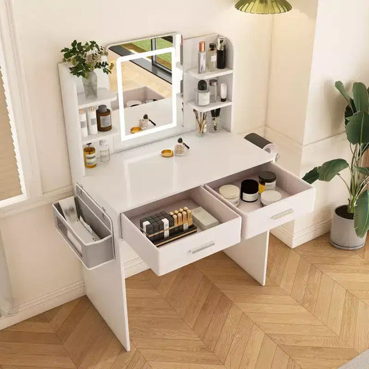 Coiffeuse avec miroir LED et lumières pour femmes et jeunes filles - Bandes lumineuses réglables 3 couleurs, 2 grands tiroirs, support de sèche-cheveux et sac de rangement