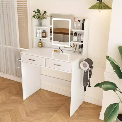 Coiffeuse avec miroir LED et lumières pour femmes et jeunes filles - Bandes lumineuses réglables 3 couleurs, 2 grands tiroirs, support de sèche-cheveux et sac de rangement