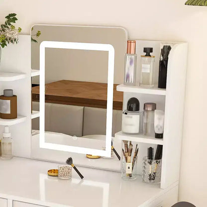 Coiffeuse avec miroir LED et lumières pour femmes et jeunes filles - Bandes lumineuses réglables 3 couleurs, 2 grands tiroirs, support de sèche-cheveux et sac de rangement