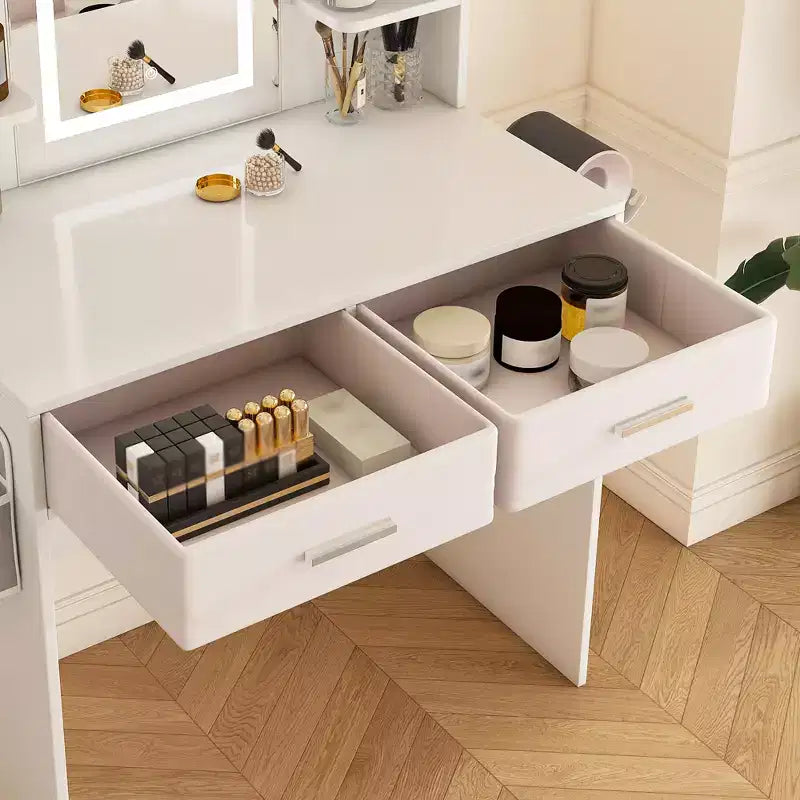 Coiffeuse avec miroir LED et lumières pour femmes et jeunes filles - Bandes lumineuses réglables 3 couleurs, 2 grands tiroirs, support de sèche-cheveux et sac de rangement