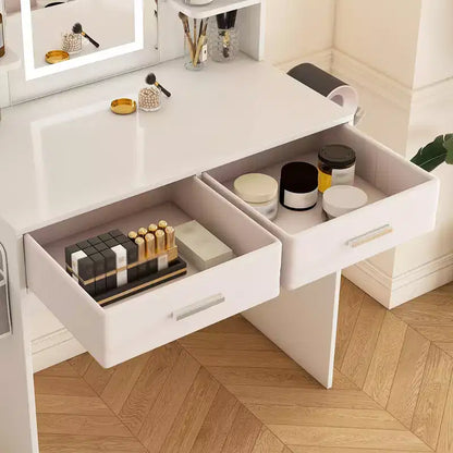 Coiffeuse avec miroir LED et lumières pour femmes et jeunes filles - Bandes lumineuses réglables 3 couleurs, 2 grands tiroirs, support de sèche-cheveux et sac de rangement