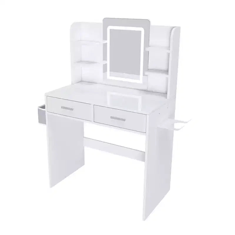 Coiffeuse avec miroir LED et lumières pour femmes et jeunes filles - Bandes lumineuses réglables 3 couleurs, 2 grands tiroirs, support de sèche-cheveux et sac de rangement