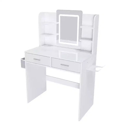 Coiffeuse avec miroir LED et lumières pour femmes et jeunes filles - Bandes lumineuses réglables 3 couleurs, 2 grands tiroirs, support de sèche-cheveux et sac de rangement