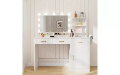 GustoWave Vanity Desk with Mirror and Lights, White Makeup Table 3 Large Drawers, Wooden Bedroom Dressing Table for Women Girls