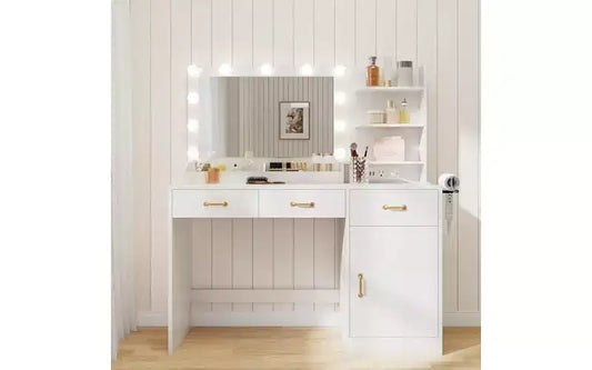 GustoWave Vanity Desk with Mirror and Lights, White Makeup Table 3 Large Drawers, Wooden Bedroom Dressing Table for Women Girls