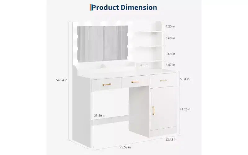 Coiffeuse GustoWave avec miroir et lumières, table de maquillage blanche 3 grands tiroirs, coiffeuse de chambre en bois pour femmes et filles