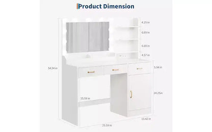 Coiffeuse GustoWave avec miroir et lumières, table de maquillage blanche 3 grands tiroirs, coiffeuse de chambre en bois pour femmes et filles