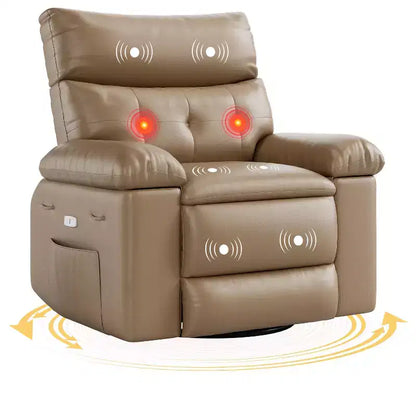 Fauteuil de massage et relaxant chauffant extra-large, pivotant à 360°, avec télécommande, porte-gobelet et poches latérales, design ergonomique.
