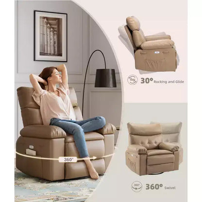 Fauteuil de massage et relaxant chauffant extra-large, pivotant à 360°, avec télécommande, porte-gobelet et poches latérales, design ergonomique.