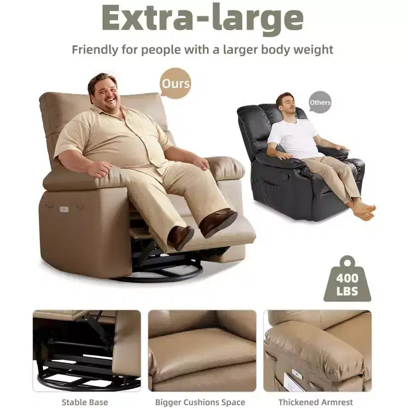 Fauteuil de massage et relaxant chauffant extra-large, pivotant à 360°, avec télécommande, porte-gobelet et poches latérales, design ergonomique.