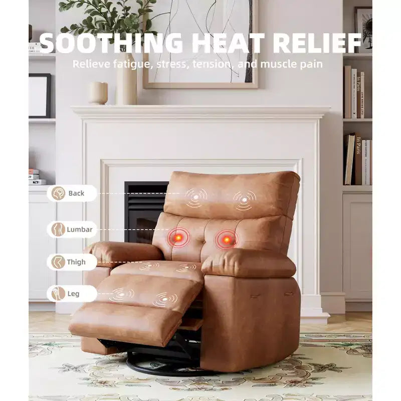 Fauteuil de massage et relaxant chauffant extra-large, pivotant à 360°, avec télécommande, porte-gobelet et poches latérales, design ergonomique.