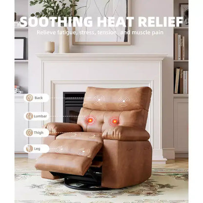 Fauteuil de massage et relaxant chauffant extra-large, pivotant à 360°, avec télécommande, porte-gobelet et poches latérales, design ergonomique.