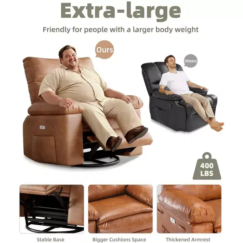 Fauteuil de massage et relaxant chauffant extra-large, pivotant à 360°, avec télécommande, porte-gobelet et poches latérales, design ergonomique.