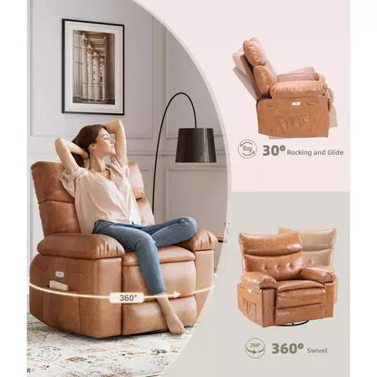 Fauteuil de massage et relaxant chauffant extra-large, pivotant à 360°, avec télécommande, porte-gobelet et poches latérales, design ergonomique.