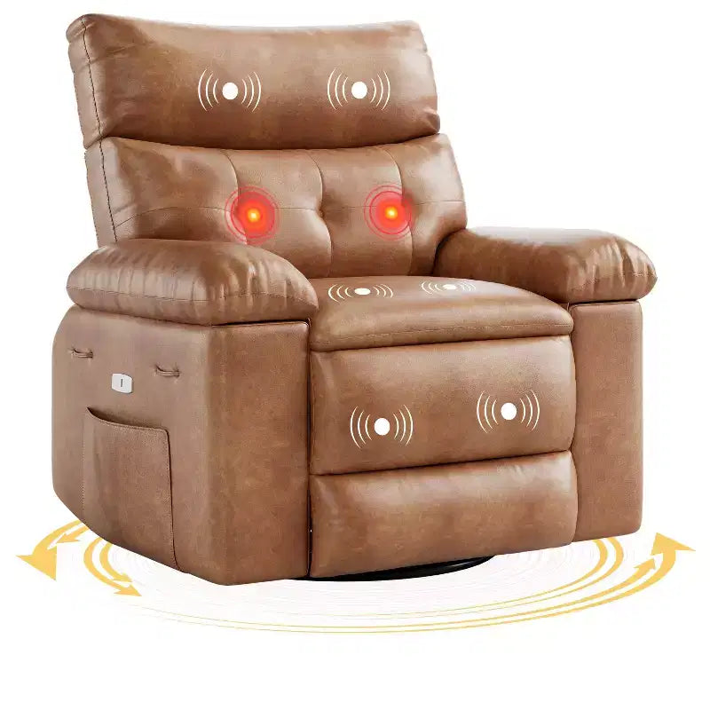 Fauteuil de massage et relaxant chauffant extra-large, pivotant à 360°, avec télécommande, porte-gobelet et poches latérales, design ergonomique.