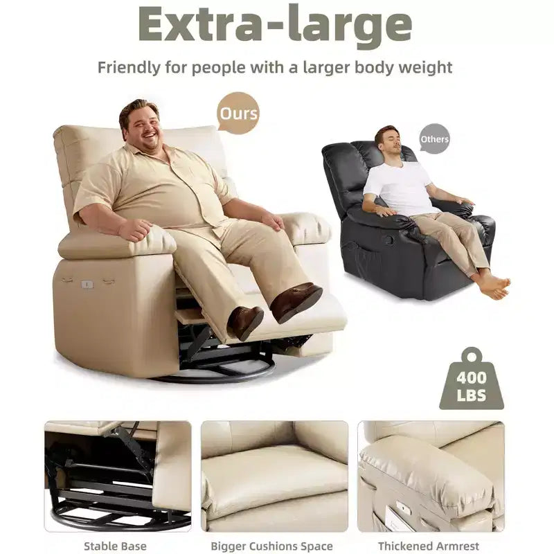 Fauteuil de massage et relaxant chauffant extra-large, pivotant à 360°, avec télécommande, porte-gobelet et poches latérales, design ergonomique.