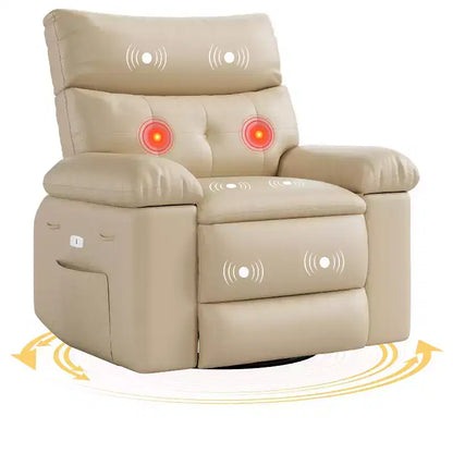 Fauteuil de massage et relaxant chauffant extra-large, pivotant à 360°, avec télécommande, porte-gobelet et poches latérales, design ergonomique.