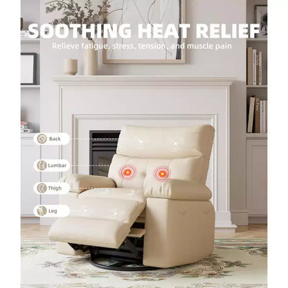 Fauteuil de massage et relaxant chauffant extra-large, pivotant à 360°, avec télécommande, porte-gobelet et poches latérales, design ergonomique.